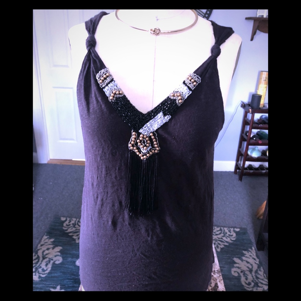 H&M Beaded & Tassel Embellished Black Tank
